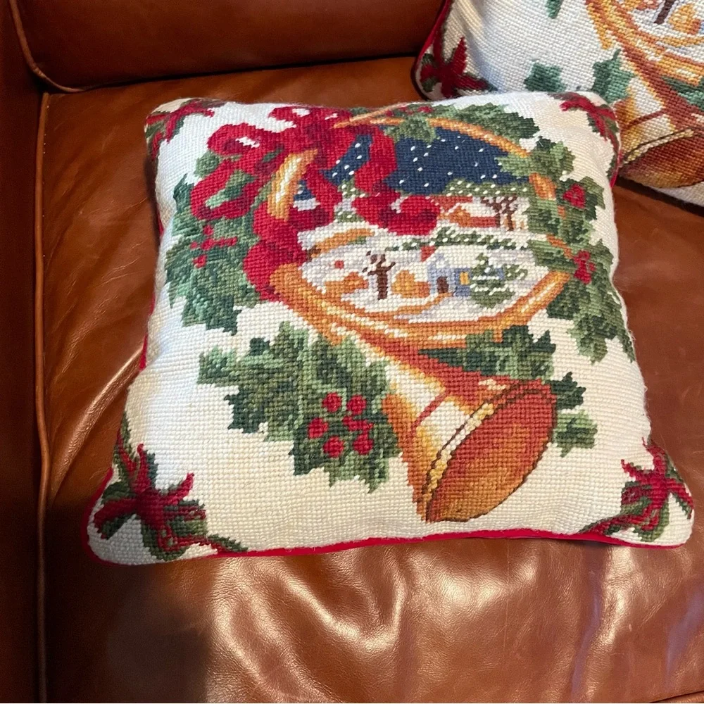100% Wool Handmade Needle Point 2/Pillow Christmas Cabin French Horn 13x13”
